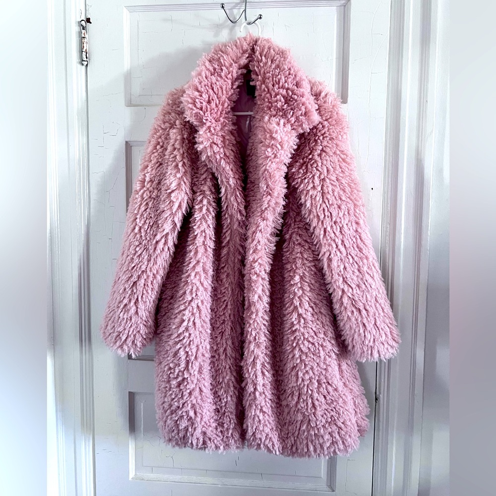 NWT pink faux fur midi coat